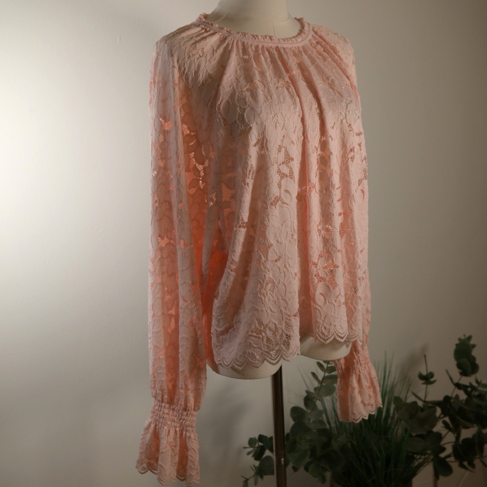 Free People Peach Pink Lace Long Sleeve Blouse Smocked Cuffs Medium